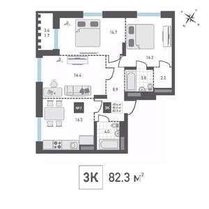 3-к квартира, строящийся дом, 82м2, 11/14 этаж