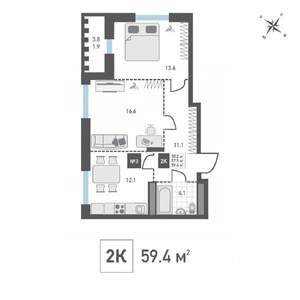 2-к квартира, вторичка, 59м2, 13/14 этаж