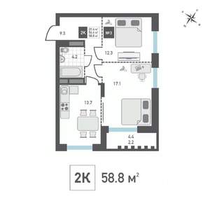 2-к квартира, вторичка, 59м2, 2/14 этаж