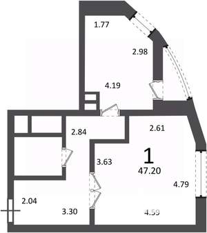 1-к квартира, вторичка, 47м2, 8/19 этаж