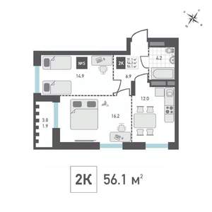 2-к квартира, вторичка, 56м2, 12/15 этаж