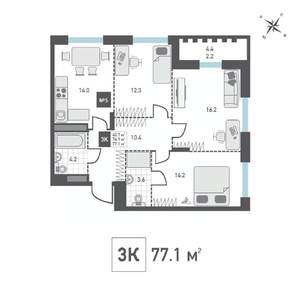 3-к квартира, строящийся дом, 77м2, 5/14 этаж