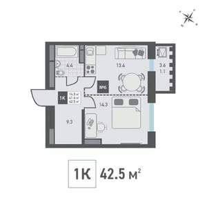 1-к квартира, строящийся дом, 43м2, 3/14 этаж