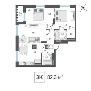 3-к квартира, строящийся дом, 82м2, 13/15 этаж