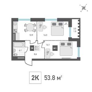 2-к квартира, вторичка, 54м2, 2/14 этаж