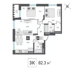 3-к квартира, строящийся дом, 82м2, 4/15 этаж