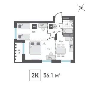 2-к квартира, строящийся дом, 56м2, 13/15 этаж
