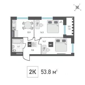 2-к квартира, вторичка, 54м2, 12/14 этаж