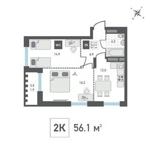2-к квартира, строящийся дом, 56м2, 12/15 этаж