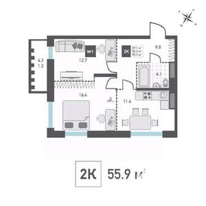 2-к квартира, вторичка, 56м2, 4/14 этаж