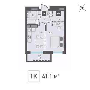 1-к квартира, вторичка, 41м2, 3/15 этаж