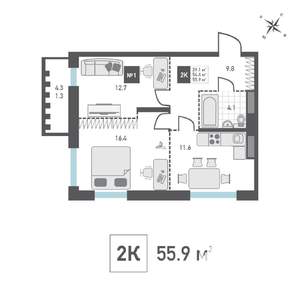 2-к квартира, вторичка, 56м2, 9/14 этаж