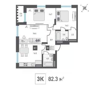 3-к квартира, строящийся дом, 82м2, 13/14 этаж
