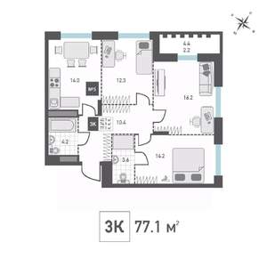 3-к квартира, вторичка, 77м2, 3/14 этаж