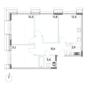 2-к квартира, строящийся дом, 51м2, 3/7 этаж