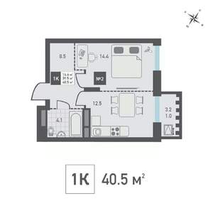 1-к квартира, вторичка, 41м2, 13/15 этаж