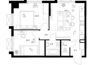 2-к квартира, вторичка, 49м2, 25/28 этаж