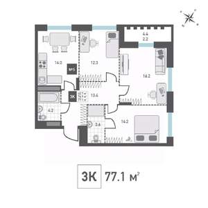 3-к квартира, вторичка, 77м2, 2/14 этаж