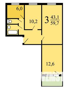 3-к квартира, вторичка, 59м2, 3/9 этаж