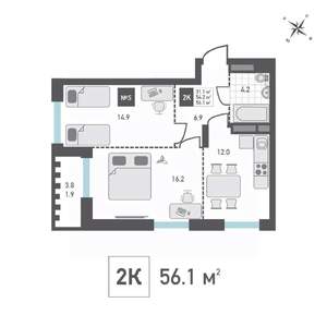 2-к квартира, строящийся дом, 56м2, 3/14 этаж