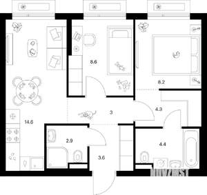 2-к квартира, вторичка, 50м2, 6/13 этаж