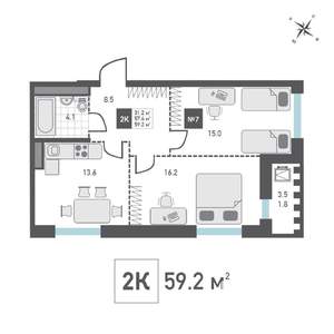 2-к квартира, строящийся дом, 59м2, 10/14 этаж