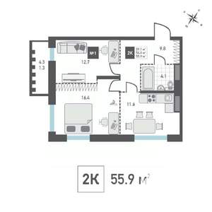 2-к квартира, строящийся дом, 56м2, 12/14 этаж