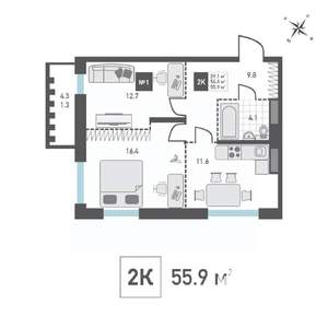 2-к квартира, строящийся дом, 56м2, 3/14 этаж